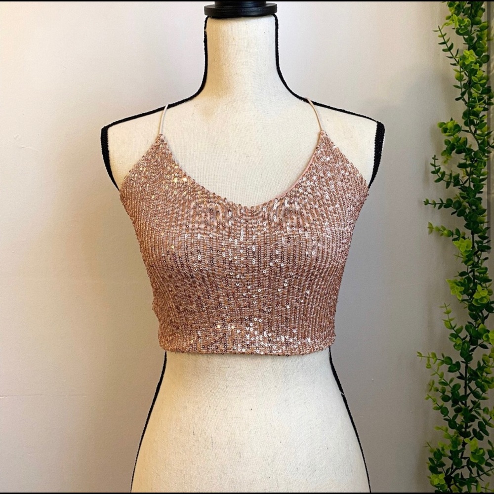 Women Sequin Tied open Back Strappy Crop Top